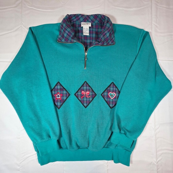 Koret Sport Tops - Vintage 90s Koret Sport Teal Ribbed Quarter Zip Sweatshirt Plaid Patches Small